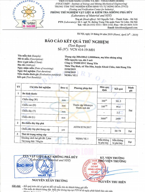 Kết quả thử nghiệm thang máng cáp mới nhất 2019