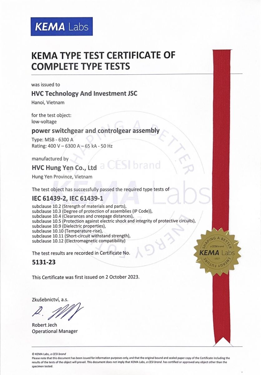 Tủ điện công nghiệp của HVC Hưng Yên đạt chứng nhận KEMA Type Test (Hà Lan)